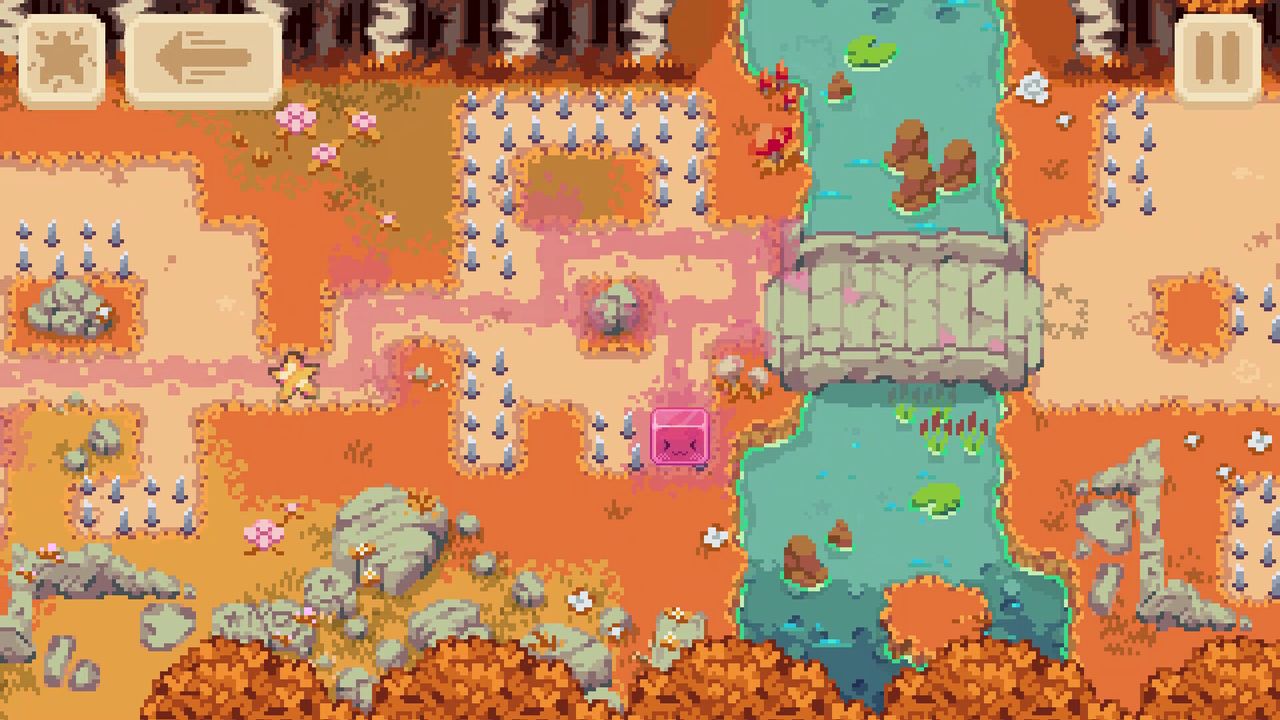 A colourful pixel-style fantasy meadow with a pink slime on a pathway avoiding spikes.